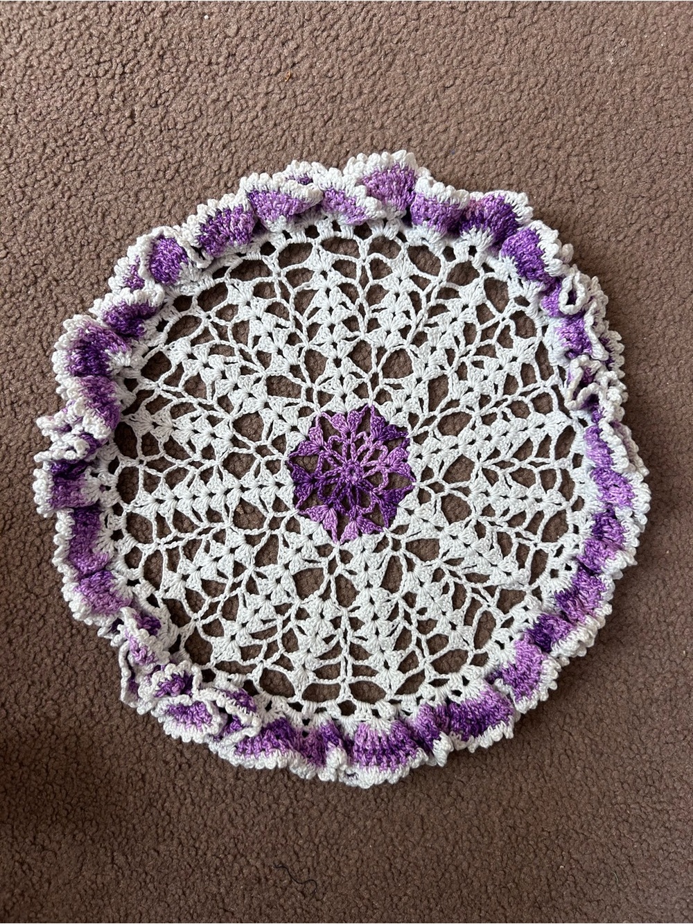 Vintage Crocheted Doily Ruffled Edge White & Purple